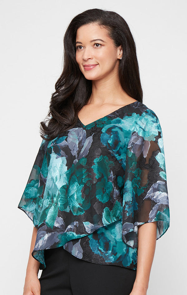 Plus Printed V-Neck Chiffon Burnout Blouse with Tulip Hem