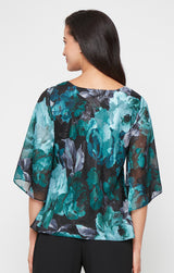 Plus Printed V-Neck Chiffon Burnout Blouse with Tulip Hem