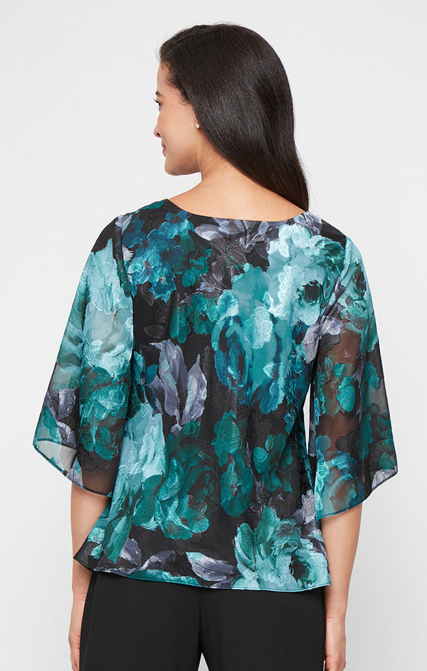 Plus Printed V-Neck Chiffon Burnout Blouse with Tulip Hem