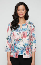 3/4 Sleeve Metallic Printed Jacquard Twinset with Square Neck Tank and Open Jacket