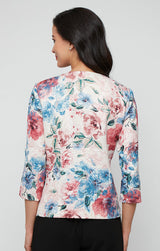 3/4 Sleeve Metallic Printed Jacquard Twinset with Square Neck Tank and Open Jacket