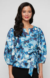 3/4 Sleeve Printed Jacquard Blouse with Notched Neckline Detail, Bubble Hem Sleeves and Tie Belt
