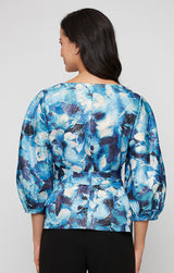 3/4 Sleeve Printed Jacquard Blouse with Notched Neckline Detail, Bubble Hem Sleeves and Tie Belt