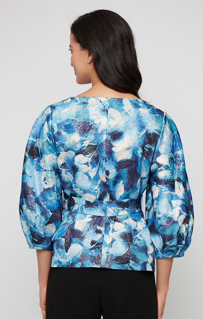 3/4 Sleeve Printed Jacquard Blouse with Notched Neckline Detail, Bubble Hem Sleeves and Tie Belt