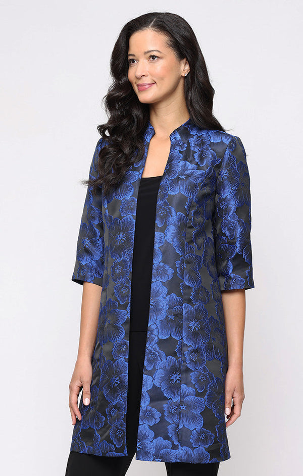 3/4 Sleeve Jacquard Twinset with Solid Jersey Scoop Neck Tank and Elongated Stand Collar Jacket