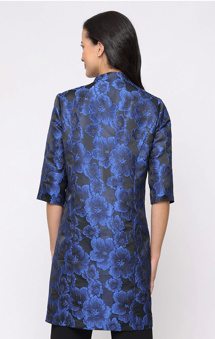 3/4 Sleeve Jacquard Twinset with Solid Jersey Scoop Neck Tank and Elongated Stand Collar Jacket