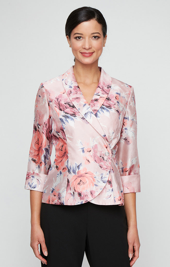 Petite - 3/4 Sleeve Printed Organza Side Closure Blouse with Illusion Sleeves