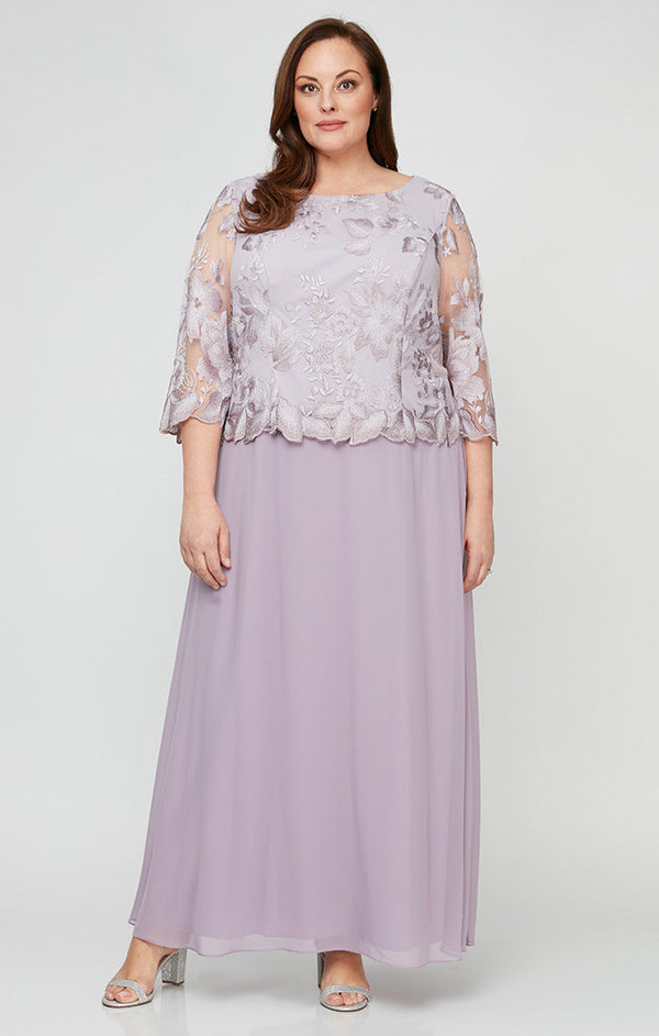 Plus - A-Line Embroidered Dress with Scallop Detail and 3/4 Sleeves