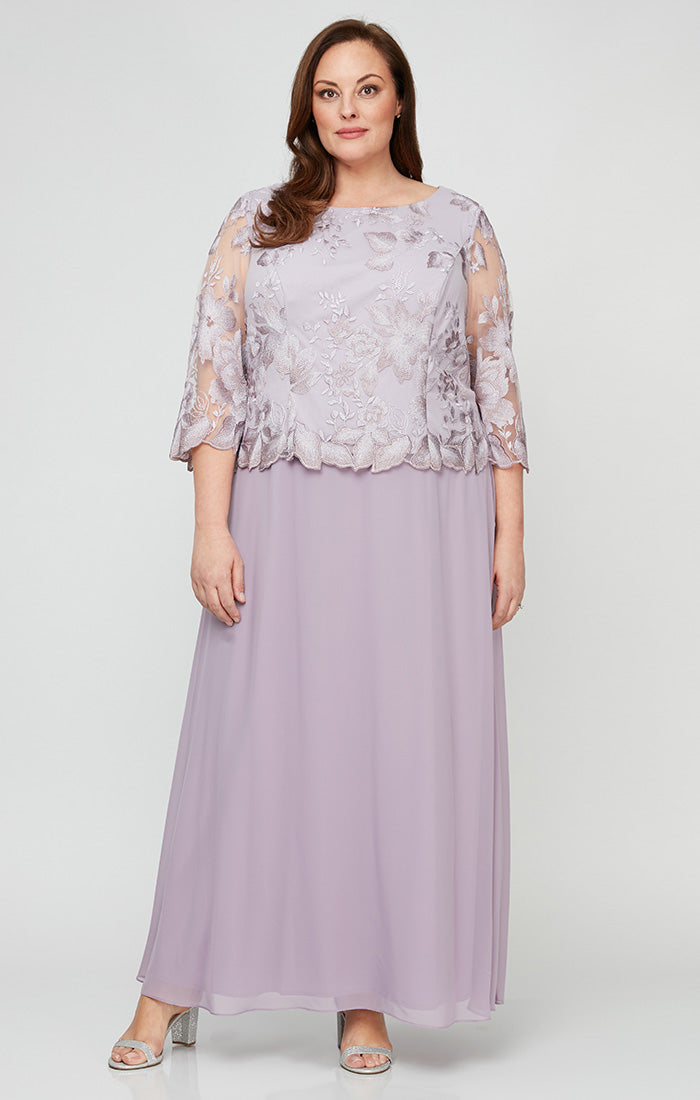 Plus - A-Line Embroidered Dress with Scallop Detail and 3/4 Sleeves