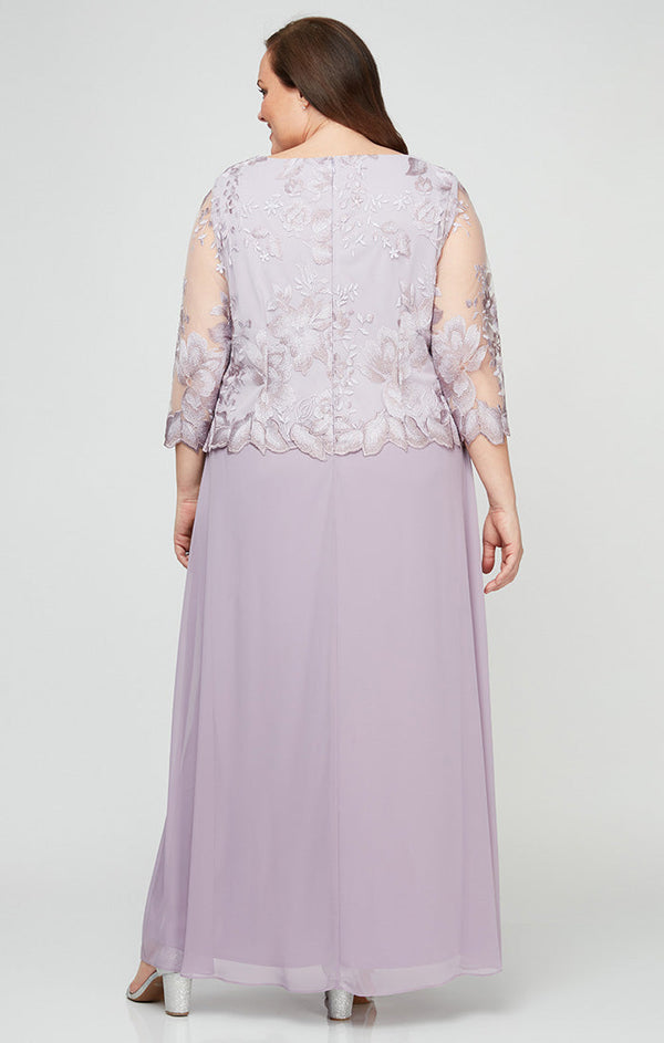 Plus - A-Line Embroidered Dress with Scallop Detail and 3/4 Sleeves
