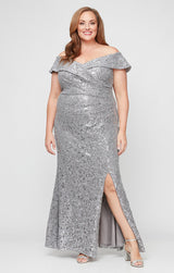 Plus - Off-the-Shoulder Corded Lace Long Gown with Sequin Detail