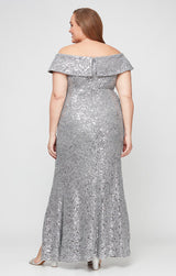 Plus - Off-the-Shoulder Corded Lace Long Gown with Sequin Detail