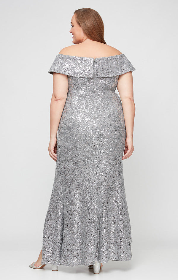 Plus - Off-the-Shoulder Corded Lace Long Gown with Sequin Detail