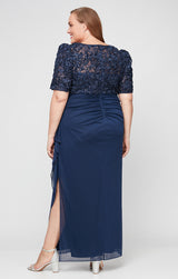 Plus Long Empire Waist Dress with Soutache Bodice, Puff Sleeve Detail and Cascade Ruffle Skirt
