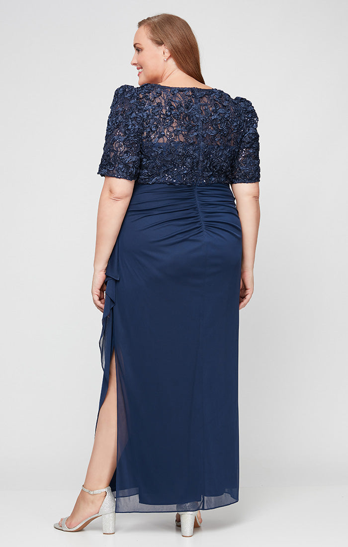 Plus Long Empire Waist Dress with Soutache Bodice, Puff Sleeve Detail and Cascade Ruffle Skirt