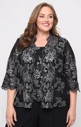 Plus 3/4 Sleeve Embroidered Twinset with Scoop Neck Tank, Open Jacket and Scallop Detail