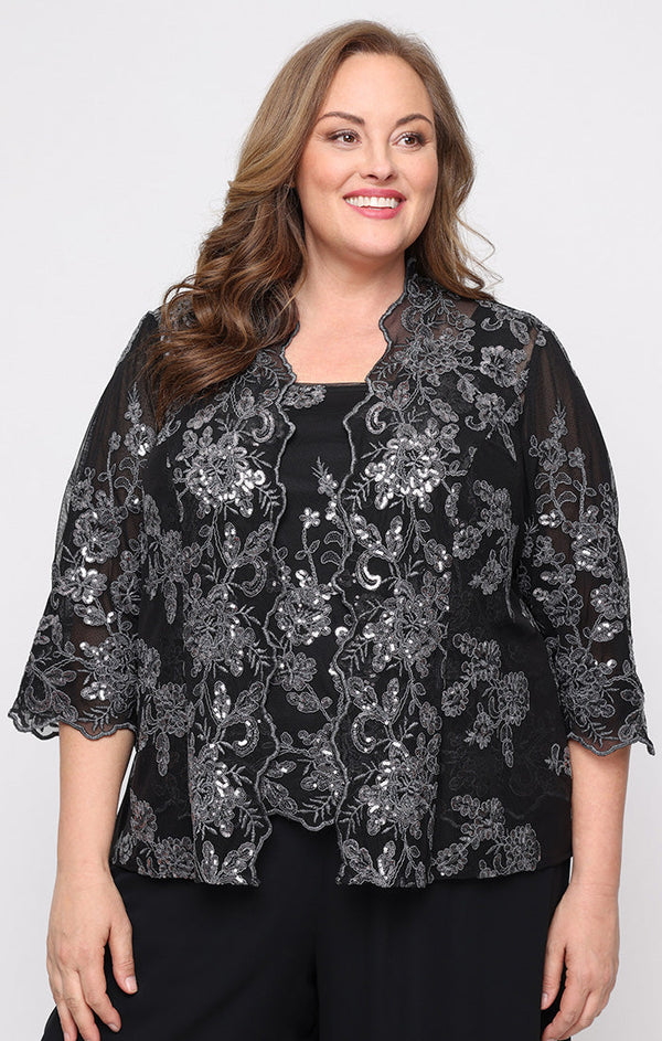 Plus 3/4 Sleeve Embroidered Twinset with Scoop Neck Tank, Open Jacket and Scallop Detail