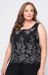 Plus 3/4 Sleeve Embroidered Twinset with Scoop Neck Tank, Open Jacket and Scallop Detail