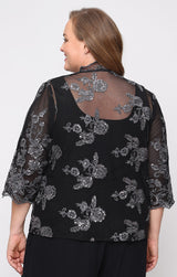 Plus 3/4 Sleeve Embroidered Twinset with Scoop Neck Tank, Open Jacket and Scallop Detail