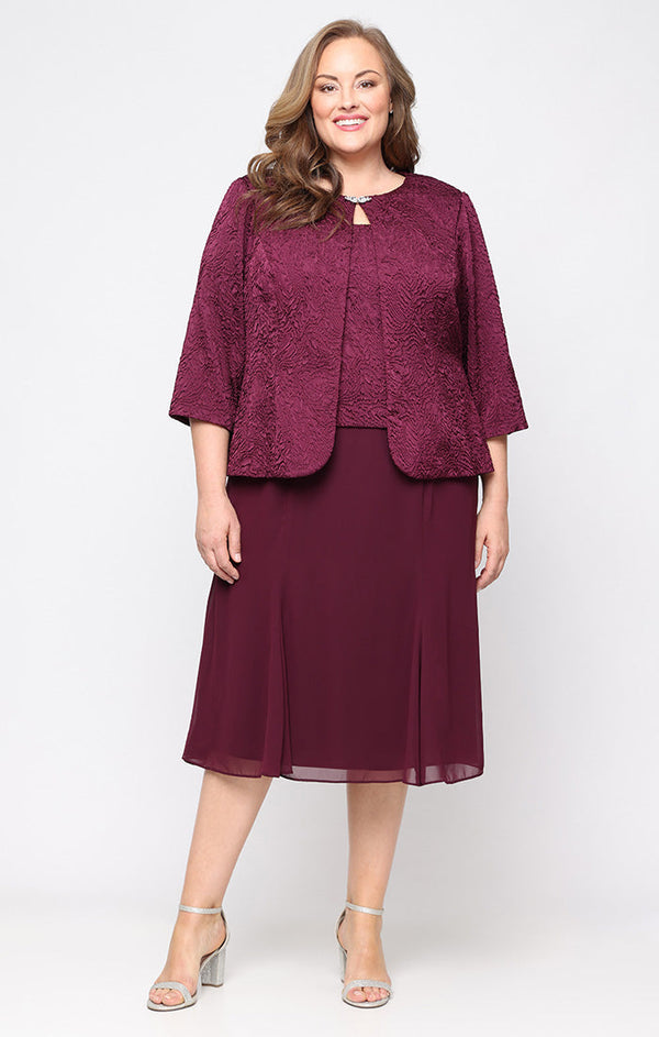 Plus Tea Length Textured Jacquard Mock Jacket Dress with Scoop Neck Bodice, Full Skirt and Decorative Hook Neck Closure Jacket