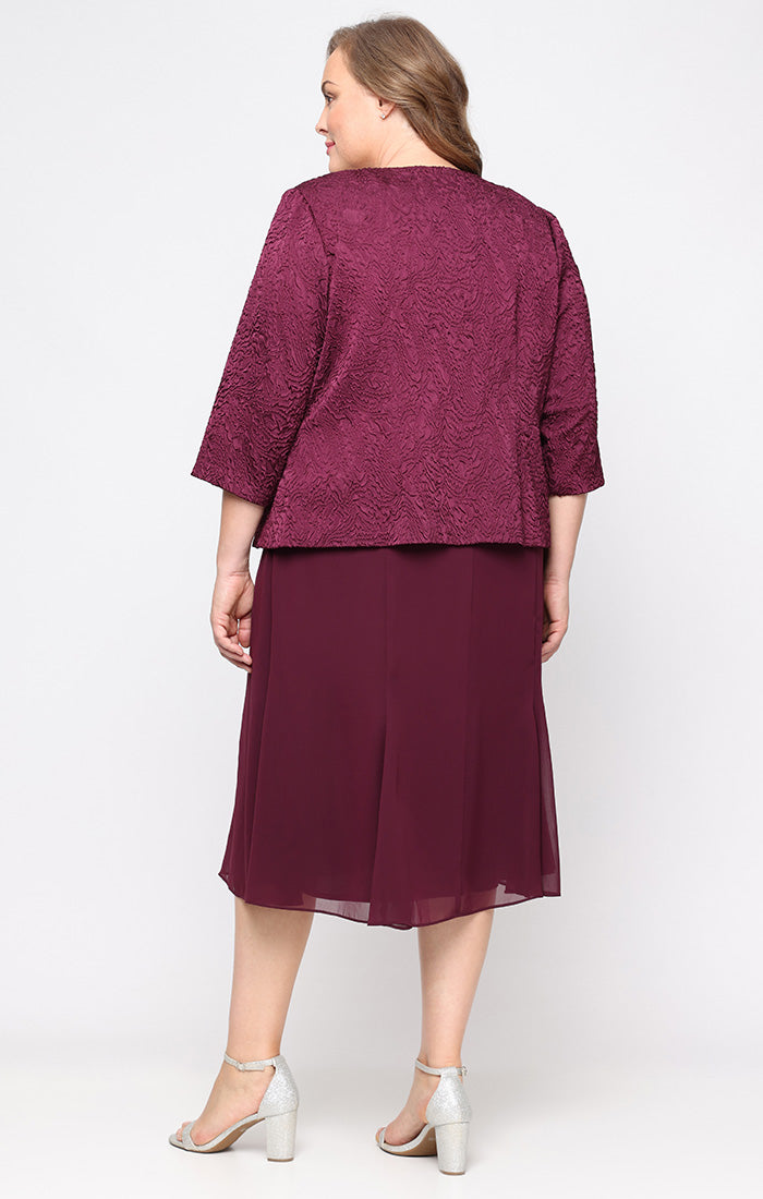 Plus Tea Length Textured Jacquard Mock Jacket Dress with Scoop Neck Bodice, Full Skirt and Decorative Hook Neck Closure Jacket