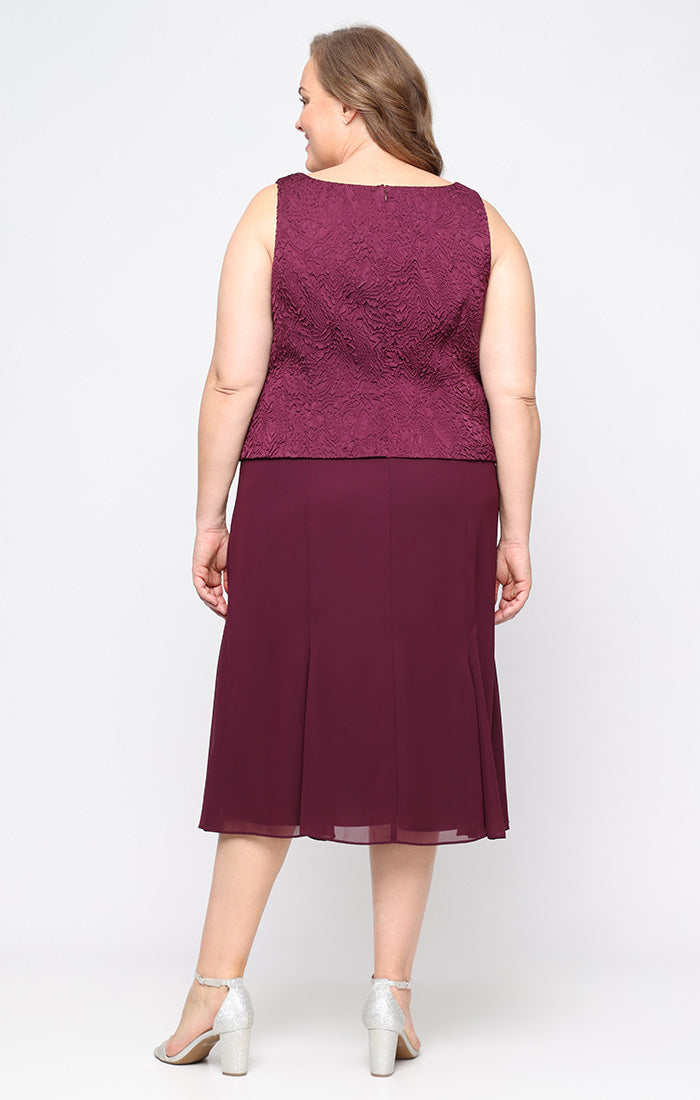 Plus Tea Length Textured Jacquard Mock Jacket Dress with Scoop Neck Bodice, Full Skirt and Decorative Hook Neck Closure Jacket