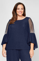 Plus 3/4 Sleeve Blouse With Beaded Illusion Detail and Cascade Bell Sleeves