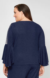 Plus 3/4 Sleeve Blouse With Beaded Illusion Detail and Cascade Bell Sleeves