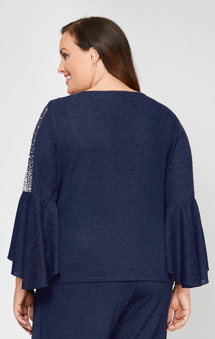 Plus 3/4 Sleeve Blouse With Beaded Illusion Detail and Cascade Bell Sleeves