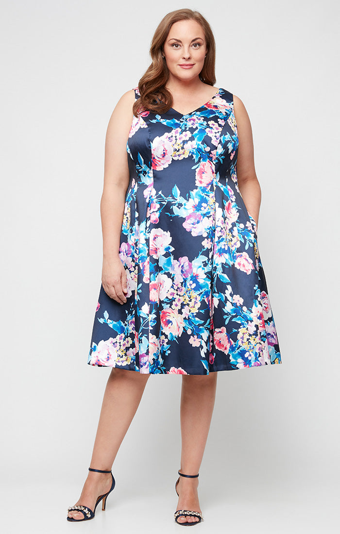 Plus - Midi Sleeveless Printed Stretch Faille A-Line Dress with V-Neckline