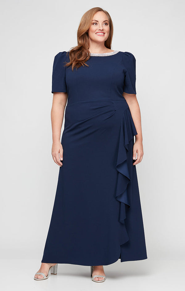 Plus Long Embellished Neck Dress with Elbow Sleeves and Cascade Detail Skirt