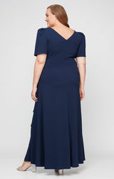 Plus Long Embellished Neck Dress with Elbow Sleeves and Cascade Detail Skirt