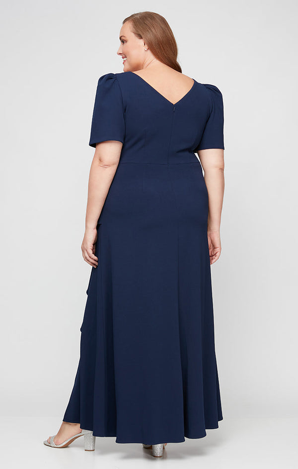 Plus Long Embellished Neck Dress with Elbow Sleeves and Cascade Detail Skirt