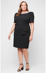 Plus Short Stretch Crepe Sheath Dress with Embellished Neckline with Gather Waist and Puff Shoulder Elbow Sleeves