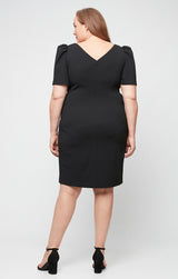 Plus Short Stretch Crepe Sheath Dress with Embellished Neckline with Gather Waist and Puff Shoulder Elbow Sleeves