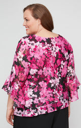 Plus Floral Chiffon Blouse with Asymmetric Triple Tier Hem & Bell Sleeves