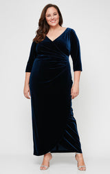 Plus Long Surplice Neckline Velvet Dress with Tulip Overlay Hem Skirt and 3/4 Sleeves