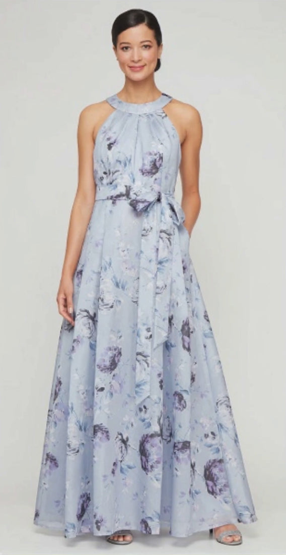 Long Printed Shimmer Organza Dress with Halter Neckline, Full Skirt and Tie Belt