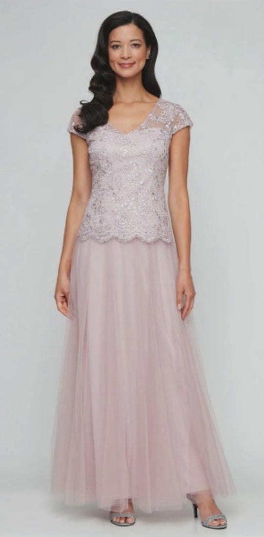 Regular - Long Embroidered Mock Dress with V-Neckline, Cap Sleeves and Full Tulle Skirt