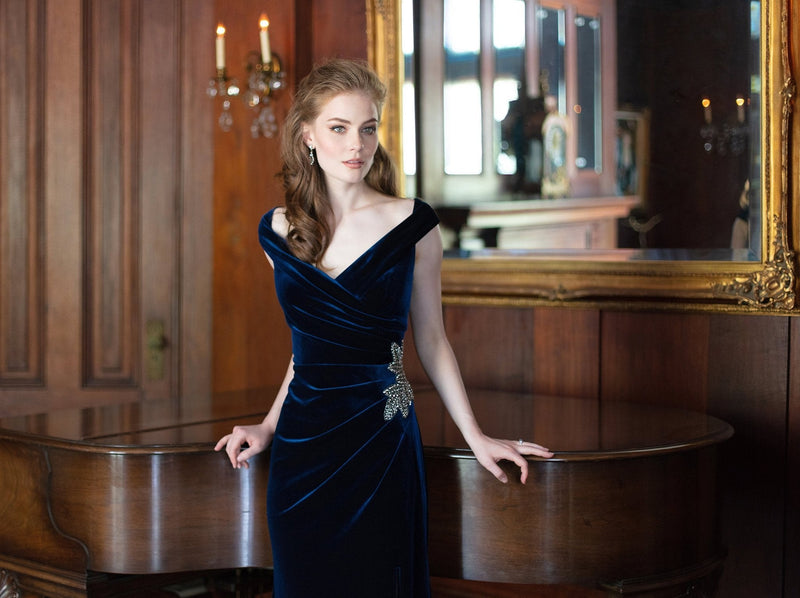 Long Off the Shoulder Fit and Flare Dress With Surplice Sweetheart Neckline, Beaded Hip Detail and Front Slit