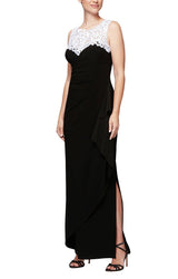Petite - Matte Jersey Cap Sleeve Gown with Embroidered, Embellished Illusion Neckline