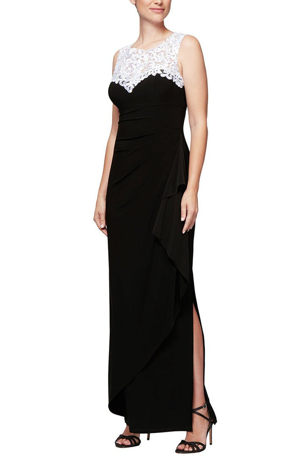 Petite - Matte Jersey Cap Sleeve Gown with Embroidered, Embellished Illusion Neckline