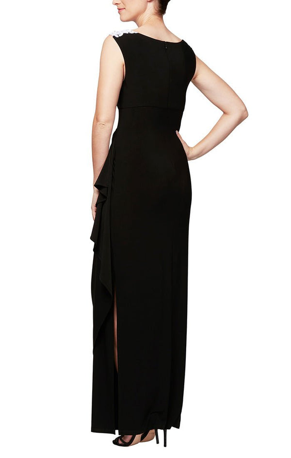 Petite - Matte Jersey Cap Sleeve Gown with Embroidered, Embellished Illusion Neckline