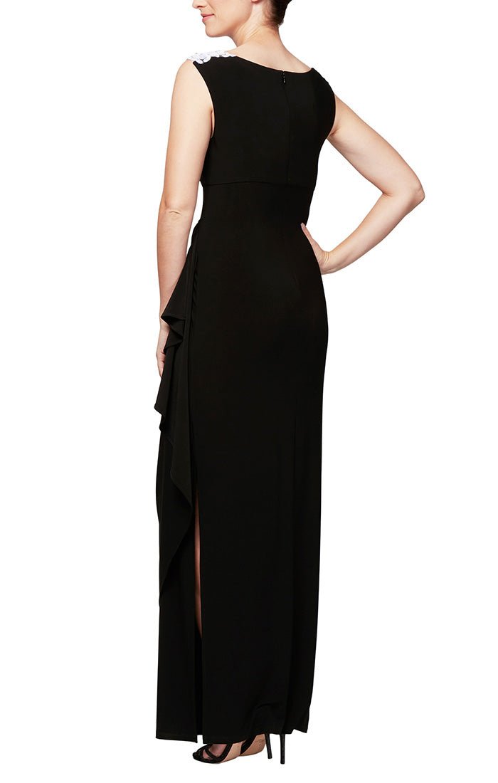 Petite - Matte Jersey Cap Sleeve Gown with Embroidered, Embellished Illusion Neckline