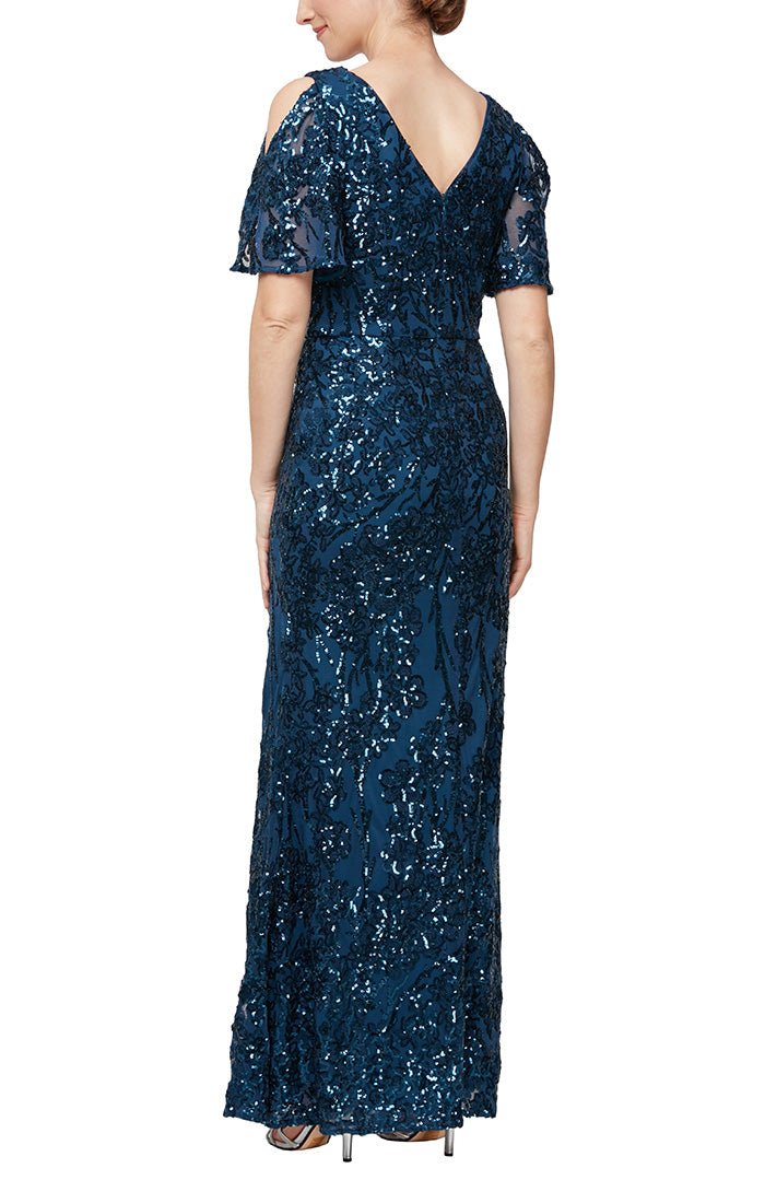 Petite Caroline Flutter Sleeve Sequin Gown