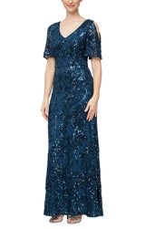 Petite Caroline Flutter Sleeve Sequin Gown