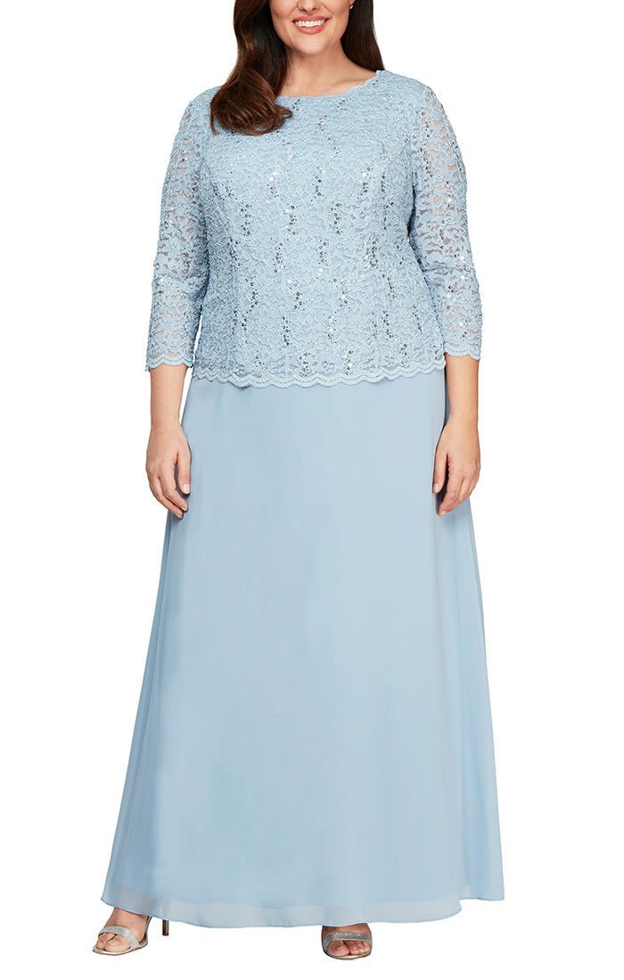 Plus - Long Gown with Sequin Lace Bodice & Chiffon Skirt