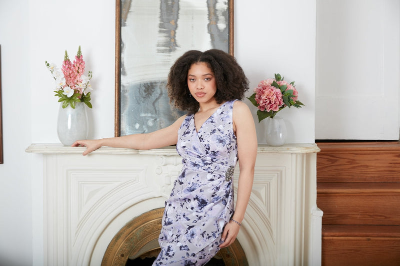 Floral Stretch Crepe Party Dress with Surplice Neckline & Embellishment at Hip