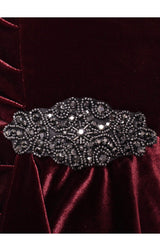 Short Velvet Sheath Dress with Surplice Neckline, Cascade Skirt and Embellishment Detail at Hip