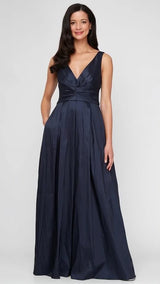 Long Stretch Taffeta Sleeveless Dress with V-Neckline